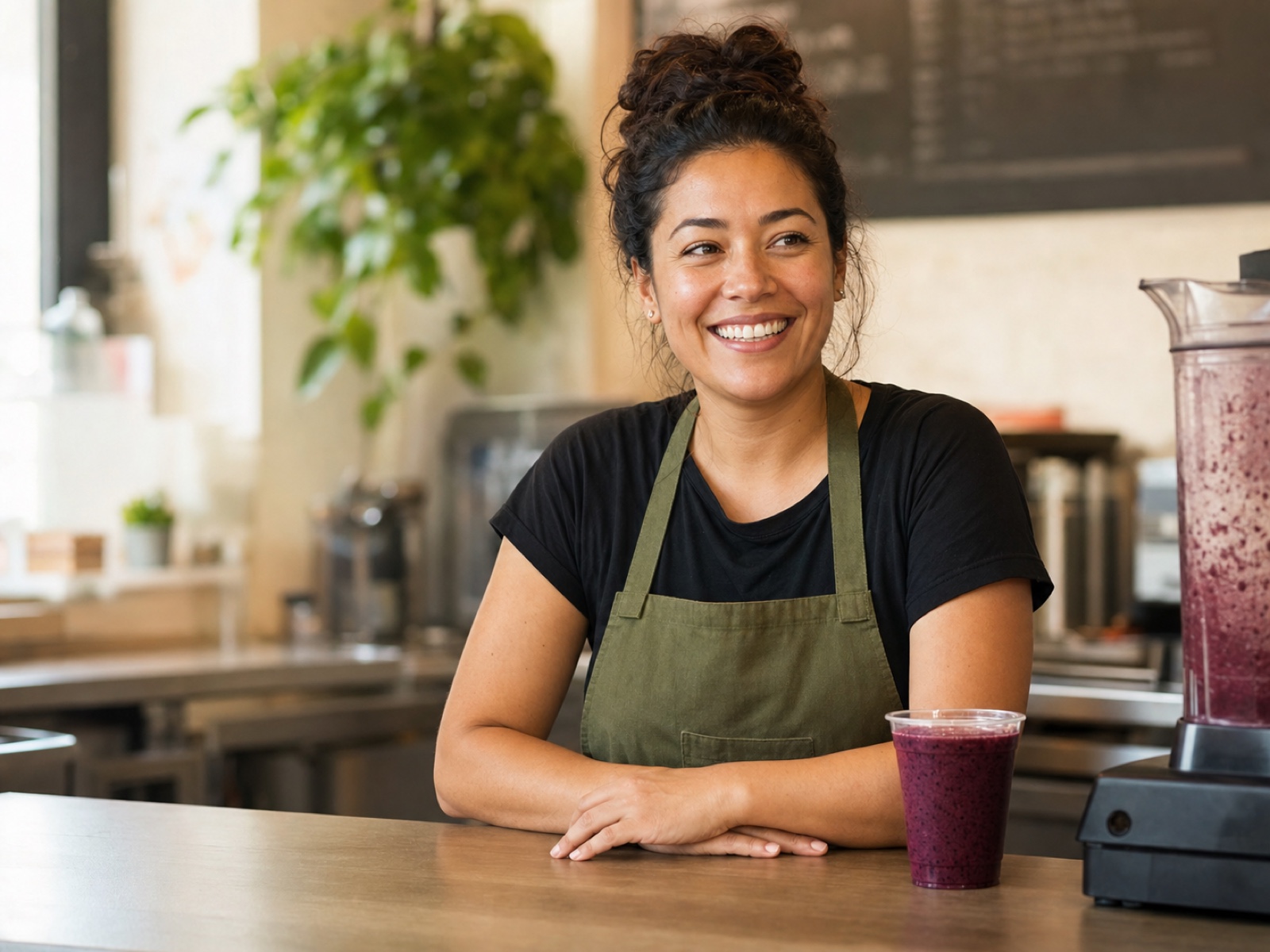 A smoothie-shop owner smiling behind the counter